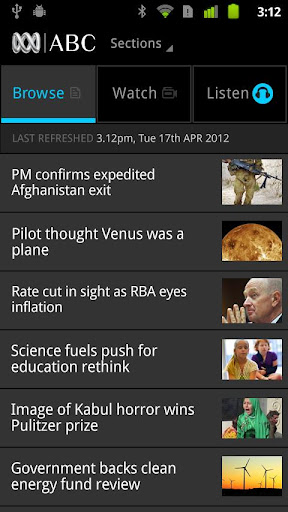 Browsing articles in the ABC News Android app