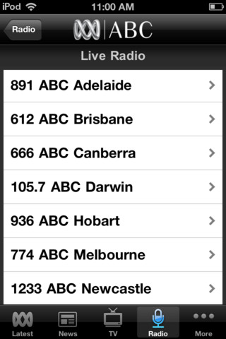 Radio stations available in the ABC News iOS app
