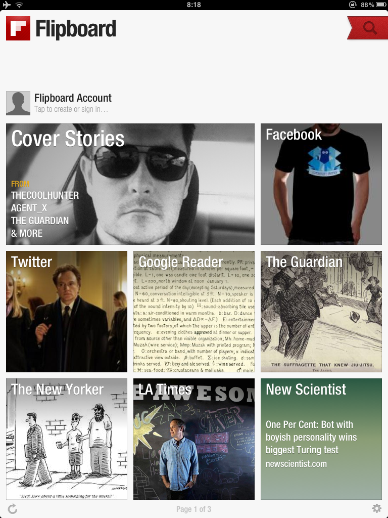 The Flipboard app showing different sources as a magazine Contents page