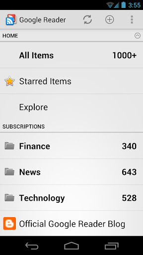 The main page of the Google Reader Android app