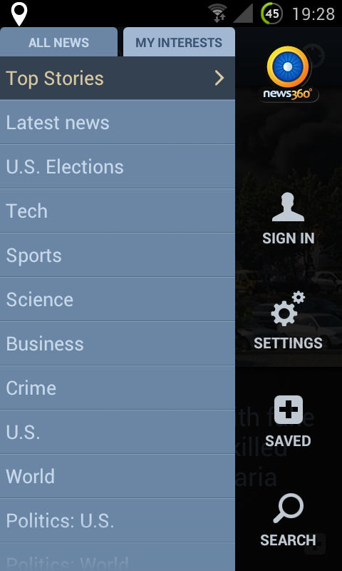 The News360 app showing different news categories