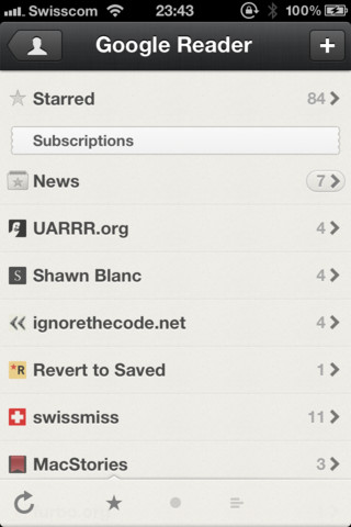 Feeds view in the Reeder iOS app