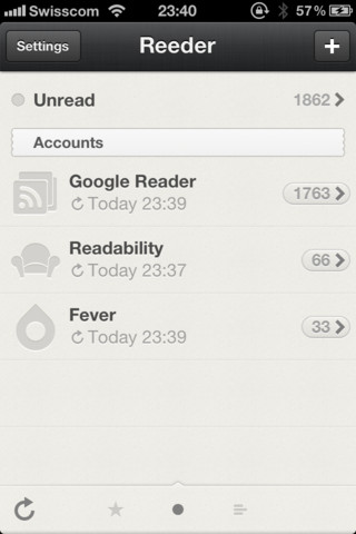 Accounts view in the Reeder iOS app
