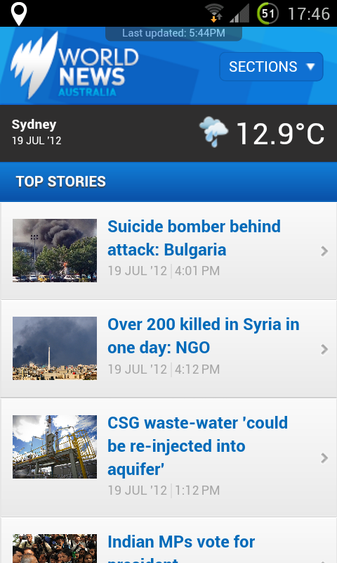 Front page view in the SBS World News Android app