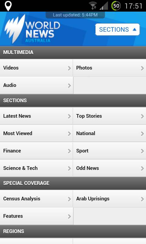 Different sections in the SBS World News Android app