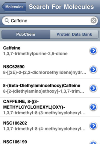 The Molecules app showing a search for caffeine