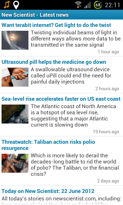 The New Scientist app showing a list of available articles