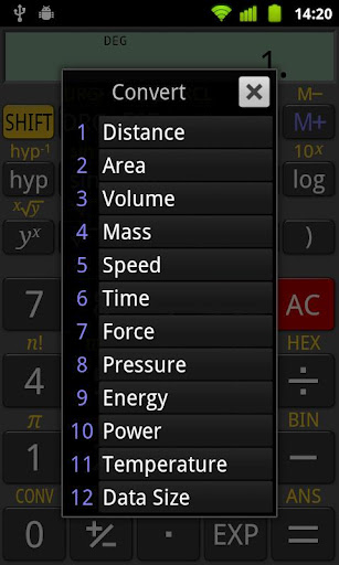 The screen for converting units in the RealCalc app