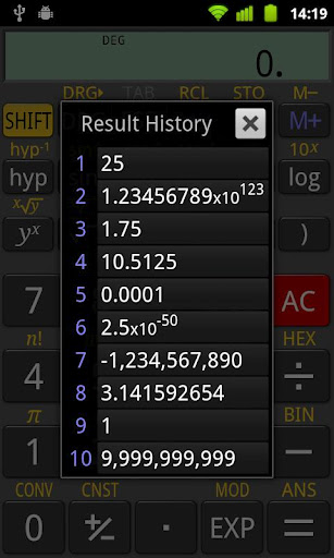 The result history screen of the RealCalc app