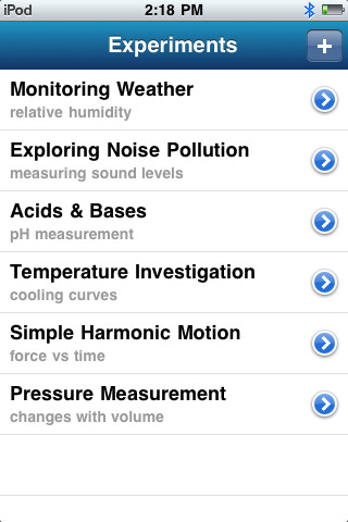 The SPARKvue app showing different experiment types