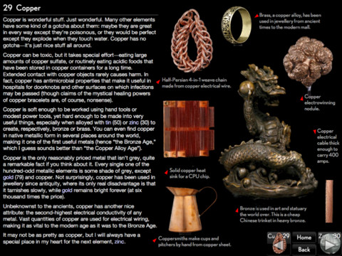 The Elements app showing the description for copper