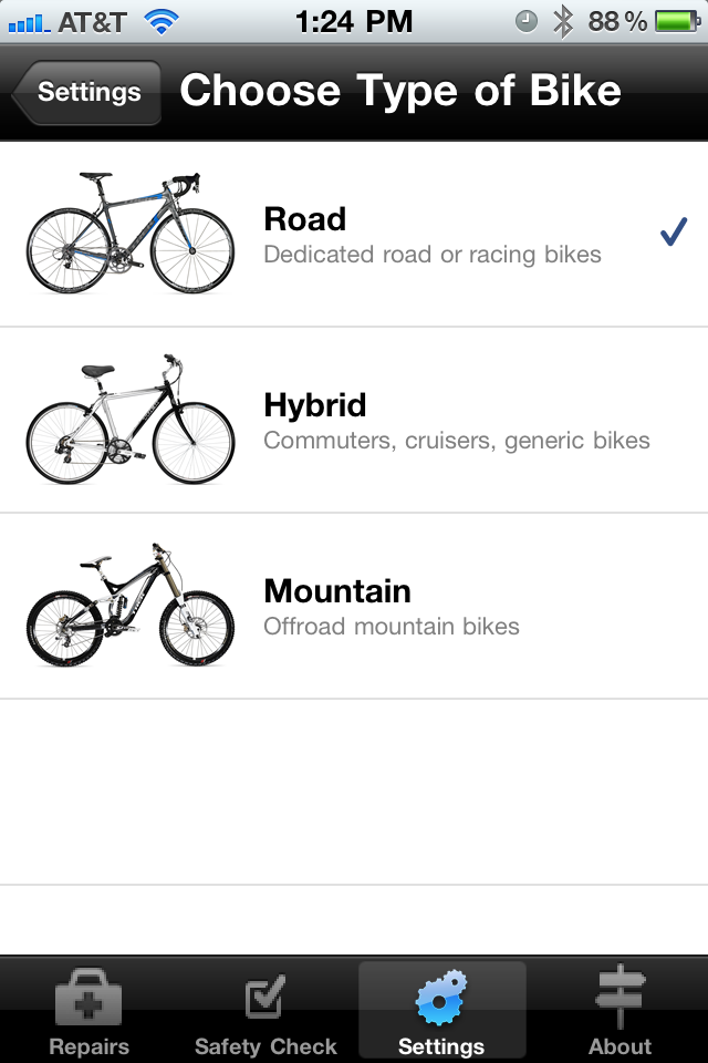 Bike Doctor bike selection screen