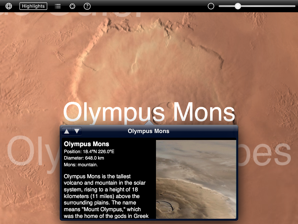 Mars Globe 3D feature information overlay