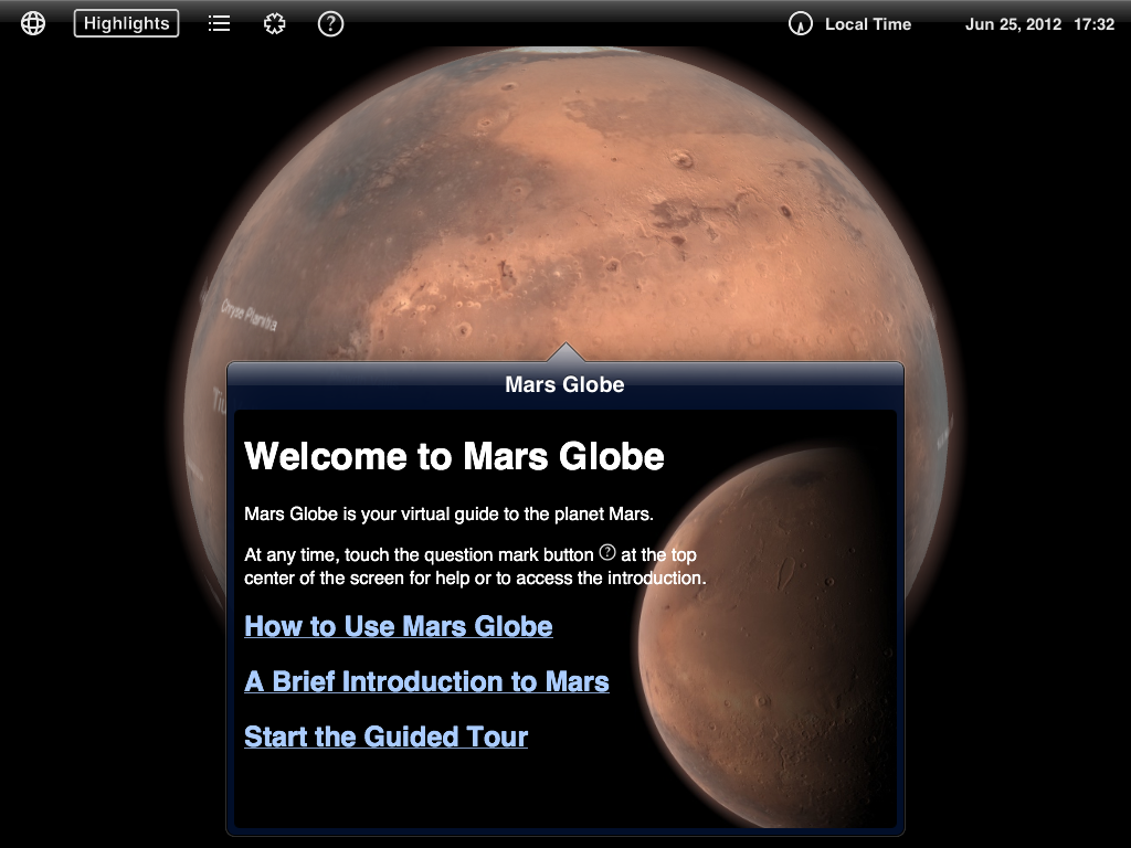 Mars Globe 3D opening screen