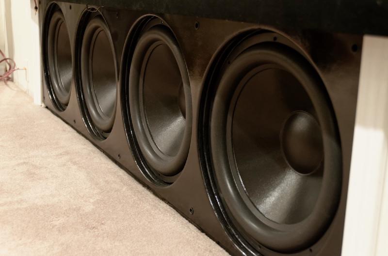 An enormous home-built infinite baffle subwoofer array using four 18-inch drivers