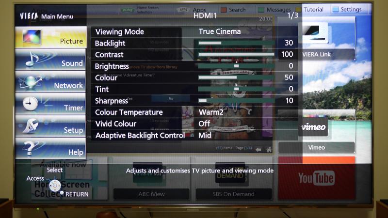 A typical picture settings menu from an LCD TV showing backlight, contrast, brightness, colour, and other controls
