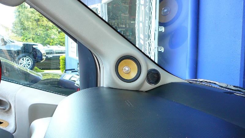 Custom A-pillars in a Nissan Elgrand built to house Focal 3-way component speakers