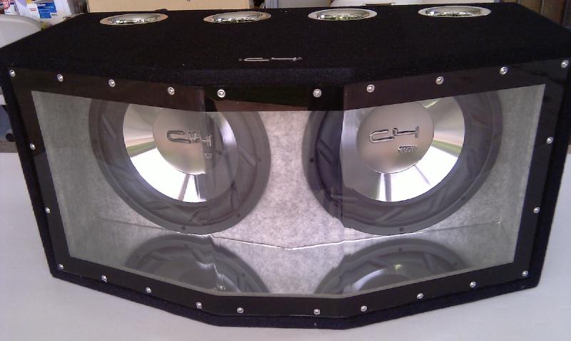 A bandpass subwoofer enclosure with a Perspex window