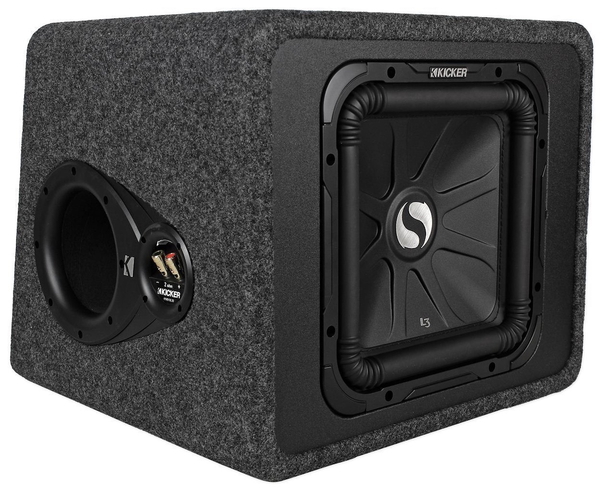 A 12-inch Kicker L3 VS12L3-2 subwoofer driver shown in a ported box