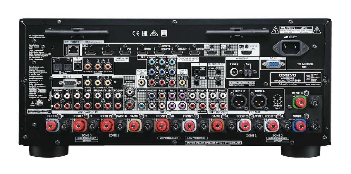 The rear panel of an Onkyo TX-NR3030 11.2 channel receiver showing height speaker connections