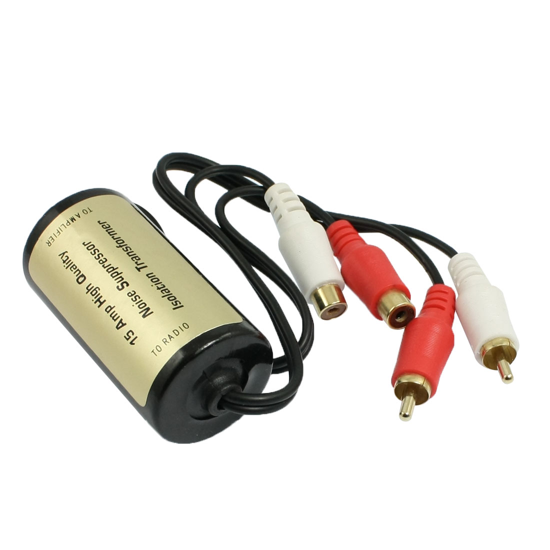 An inexpensive car audio ground loop isolator available on eBay, a small black plastic device with RCA connectors