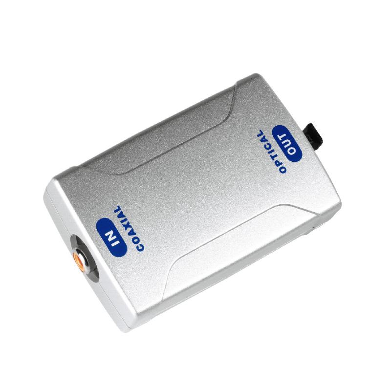 A small coaxial to optical S/PDIF converter device with RCA input and TOSLINK output, connected to a power supply