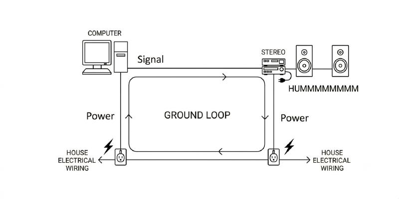 A diagram showing a ground loop between a computer and a HiFi, plugged into different power sockets