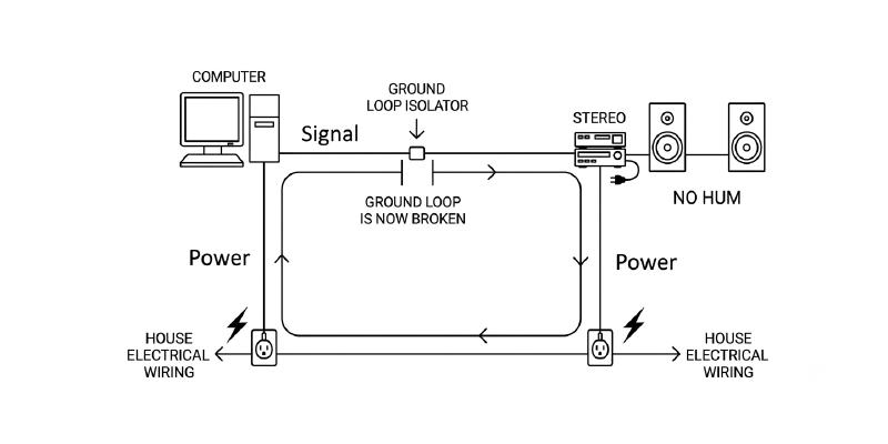 A diagram showing a ground isolator device connected between a computer and an A/V receiver, breaking the ground loop path while passing the audio signal through