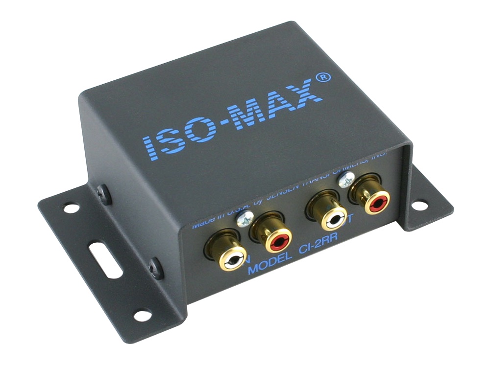 A Jensen Iso-Max series ground loop isolator, a metal box with an input and output set of RCA connectors on one side
