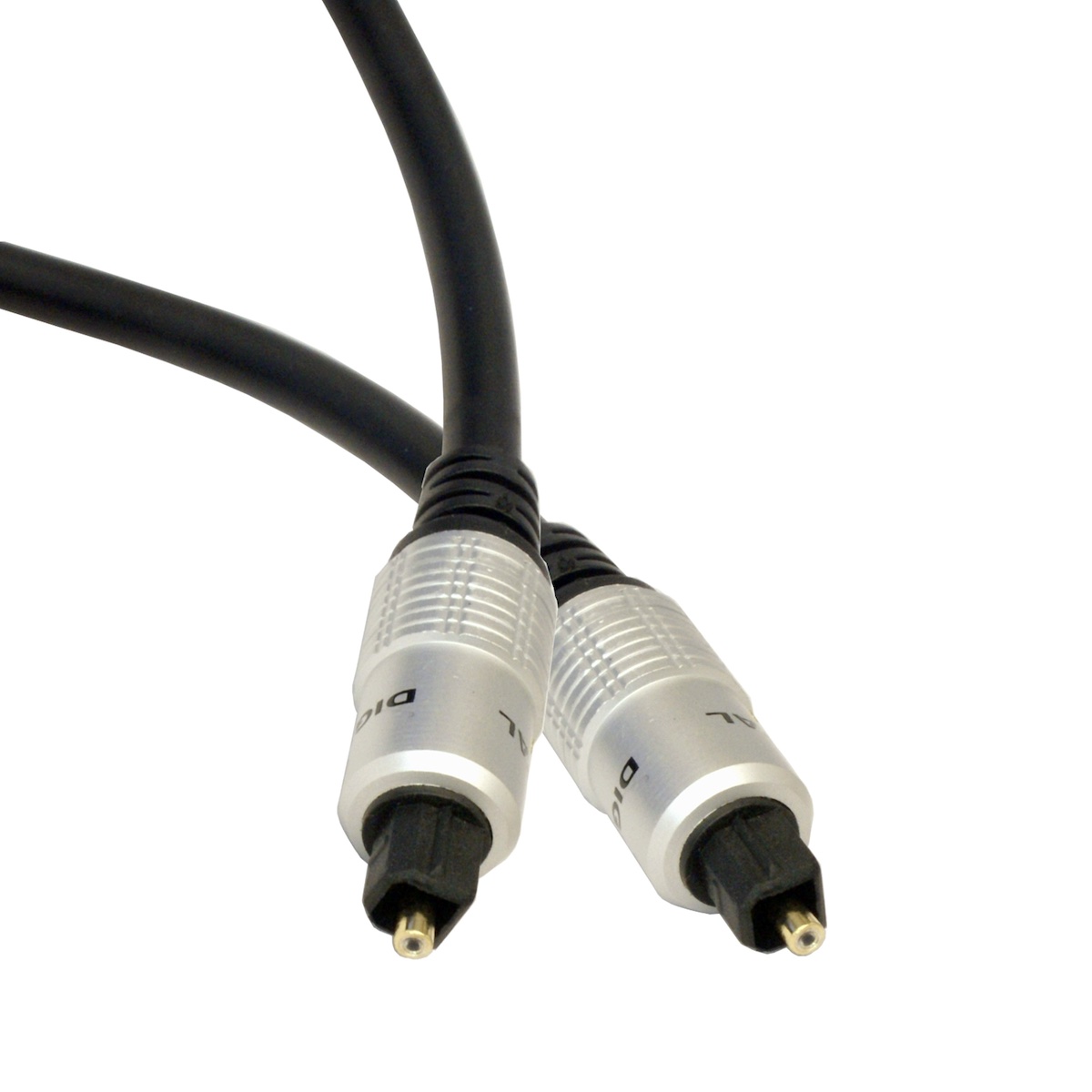 An optical TOSLINK cable with its characteristic square plug with pointed tip