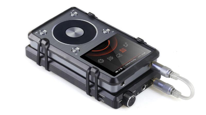 A Fiio X5 II music player stacked with a Fiio E12 Mont Blanc headphone amp