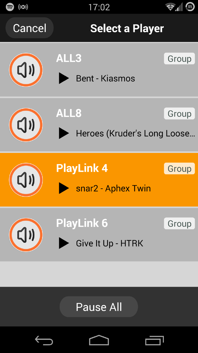 Screenshot showing multiple AllPlay-compatible devices grouped together for synchronised or individual playback