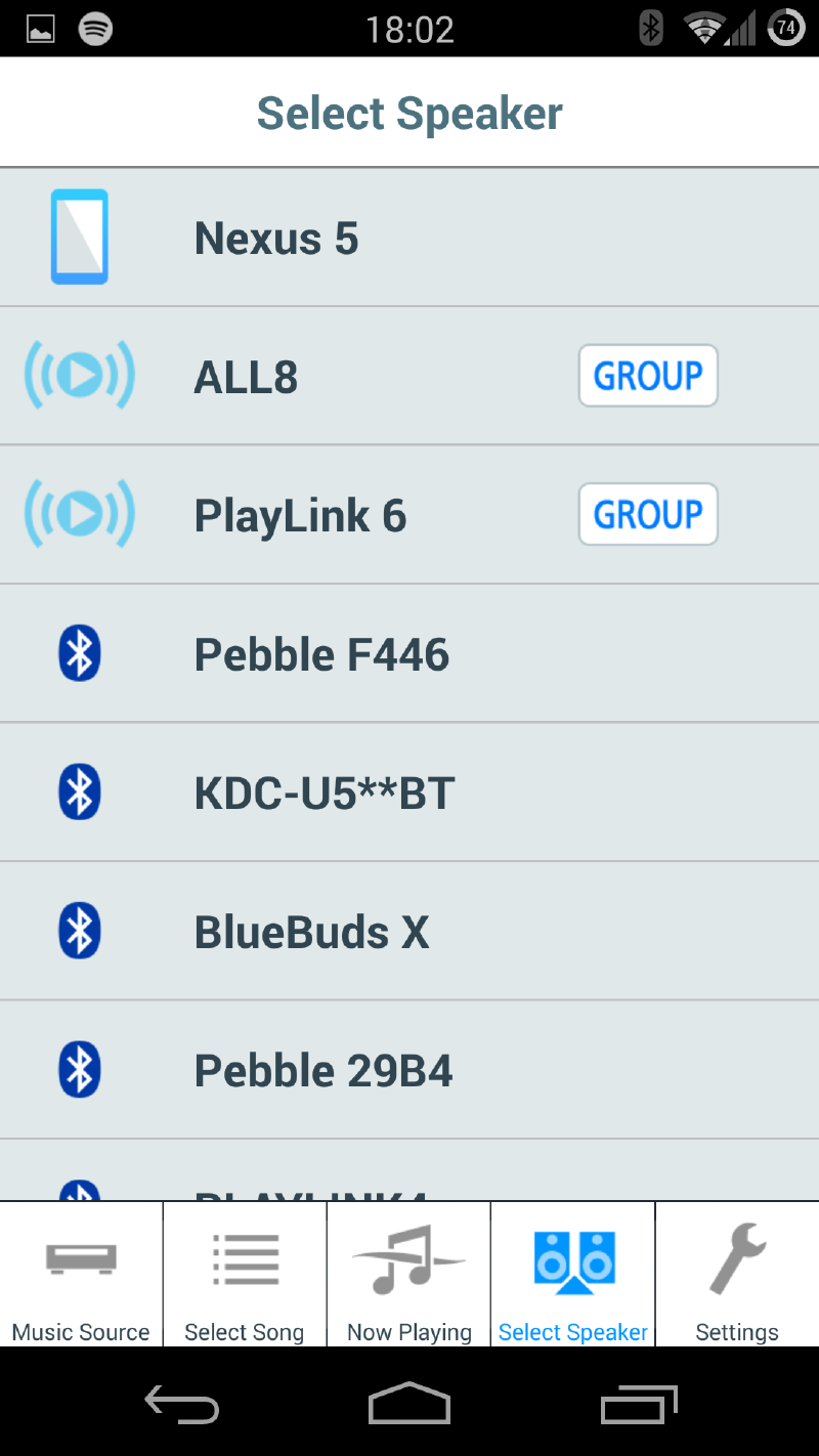 Screenshot of the Panasonic Music app listing every DLNA and Bluetooth device on the network, including incompatible ones