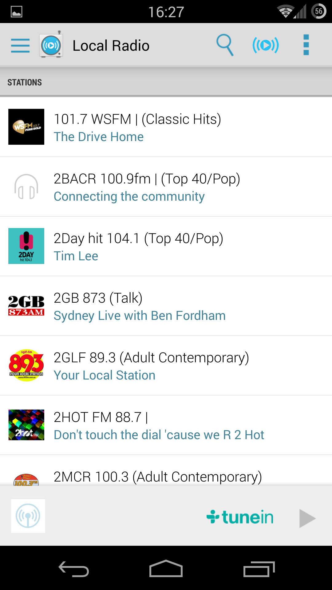 Screenshot of the AllPlay Radio app for streaming local, foreign, or internet radio