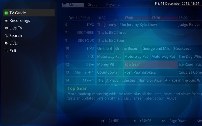 The NextPVR main screen showing the home navigation menu with options for Live TV, Recordings, TV Guide, and Settings