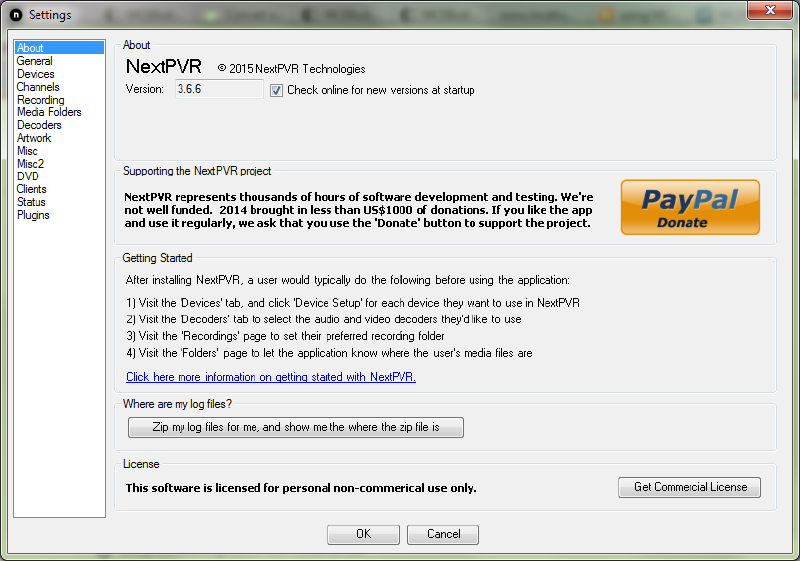 The NextPVR About screen shown on first launch, listing the initial steps required to get the software running