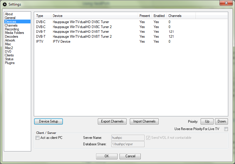 The NextPVR Devices settings screen showing a list of detected TV Tuner devices and a Device Setup button