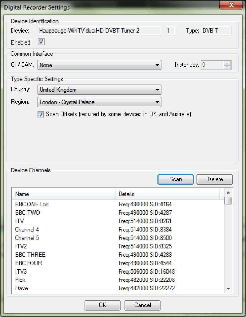 The NextPVR channel scan results screen showing a list of found channels with checkboxes for selection