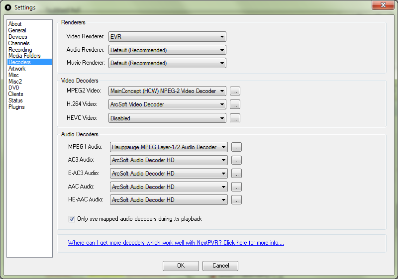The NextPVR Decoders settings screen showing dropdown menus for selecting video and audio decoder software