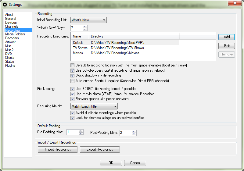 The NextPVR Recordings settings screen showing a list of recording directories with options to add and configure them