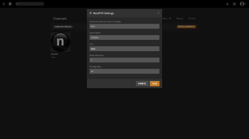 The Plex settings panel for the NextPVR Channel, showing the Server Name field configured with a local IP address