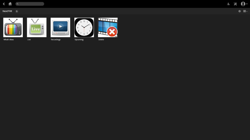 The NextPVR Channel main screen within Plex, showing navigation options for What's New, Live, Recordings, Upcoming, and Delete