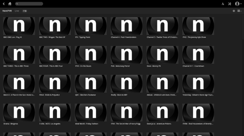 The NextPVR Live TV section within Plex, showing a list of available channels with their current programmes