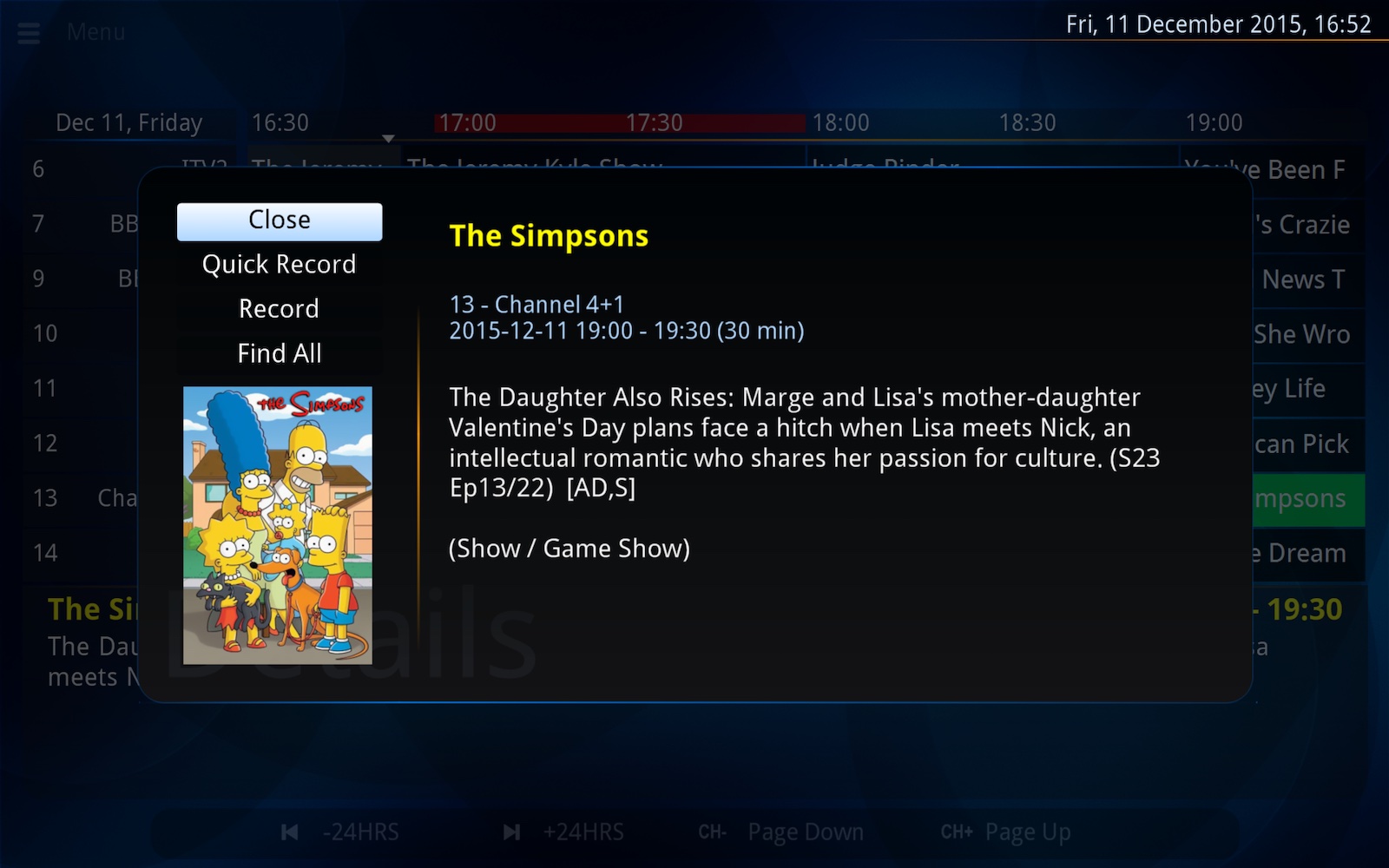 The NextPVR TV Guide showing a programme info panel with options to Watch, Record, Quick Record, and Find All