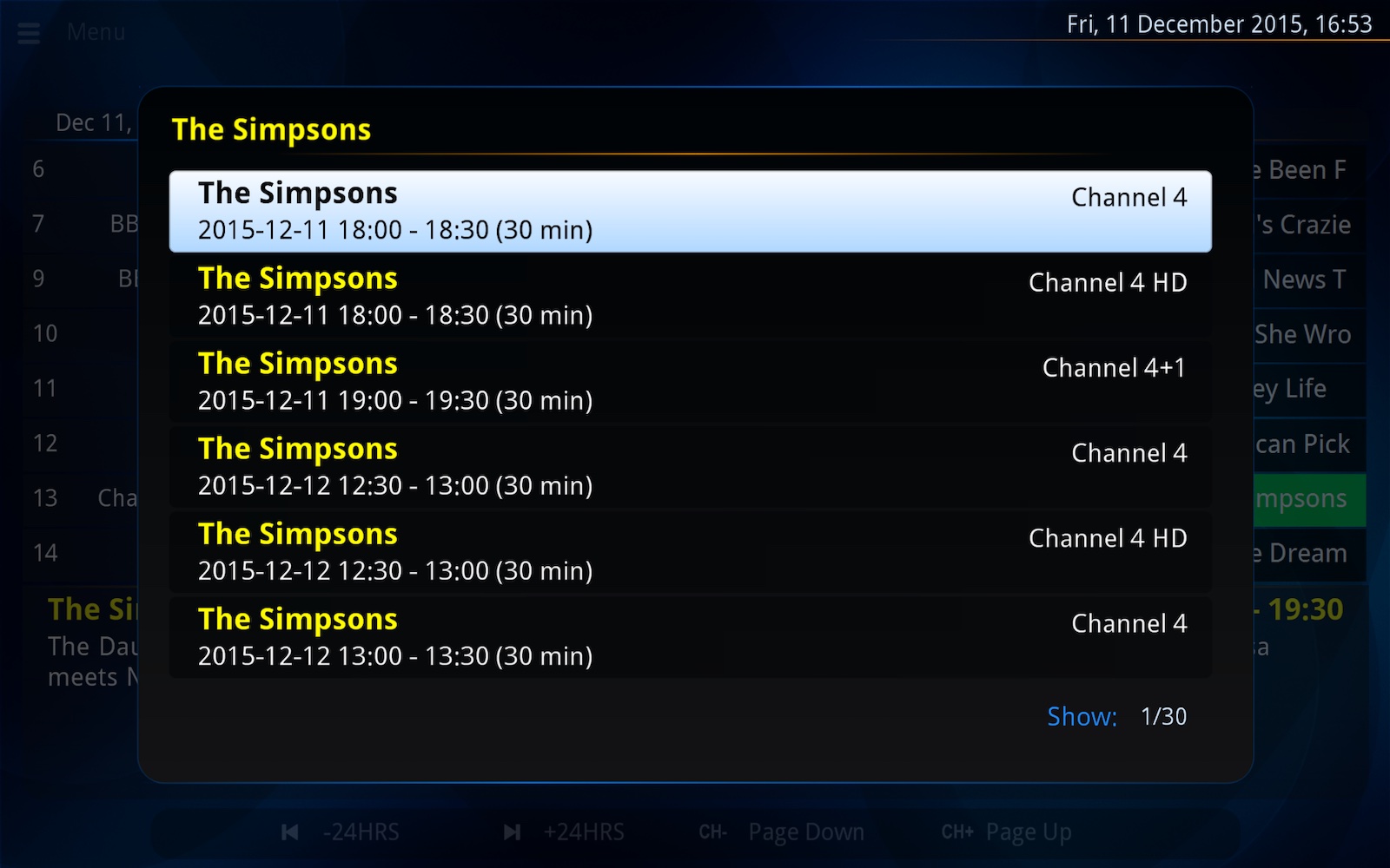 The NextPVR scheduled recordings list showing a series record entry that will capture all occurrences of a programme