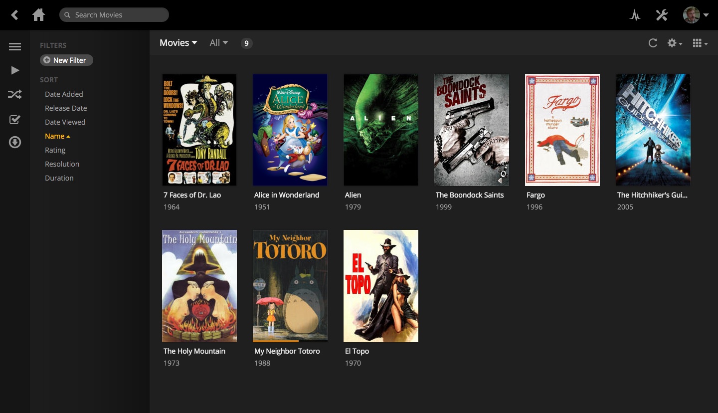 The Plex web interface showing a grid of movie poster art for browsing a media collection