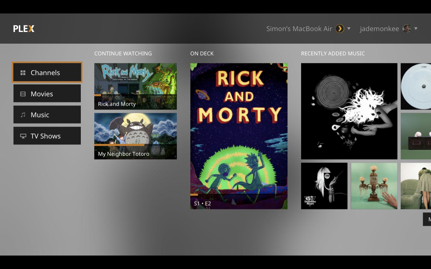 The Plex Media Player desktop application showing a dark, cinematic home screen for TV viewing