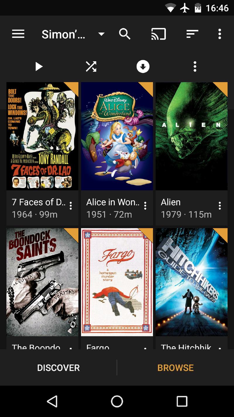 The Plex interface shown on an Android smartphone, displaying the same movie library as the desktop version