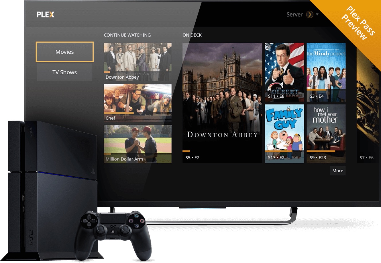 The Plex app running on a PlayStation console, showing the main navigation menu