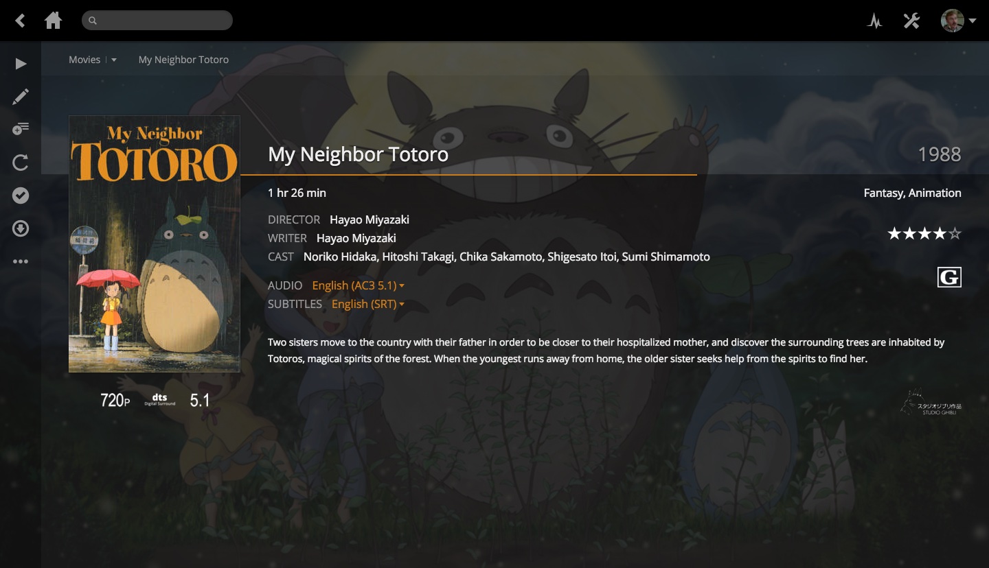 The Plex movie detail page showing poster art, synopsis, cast and crew, and a trailer link